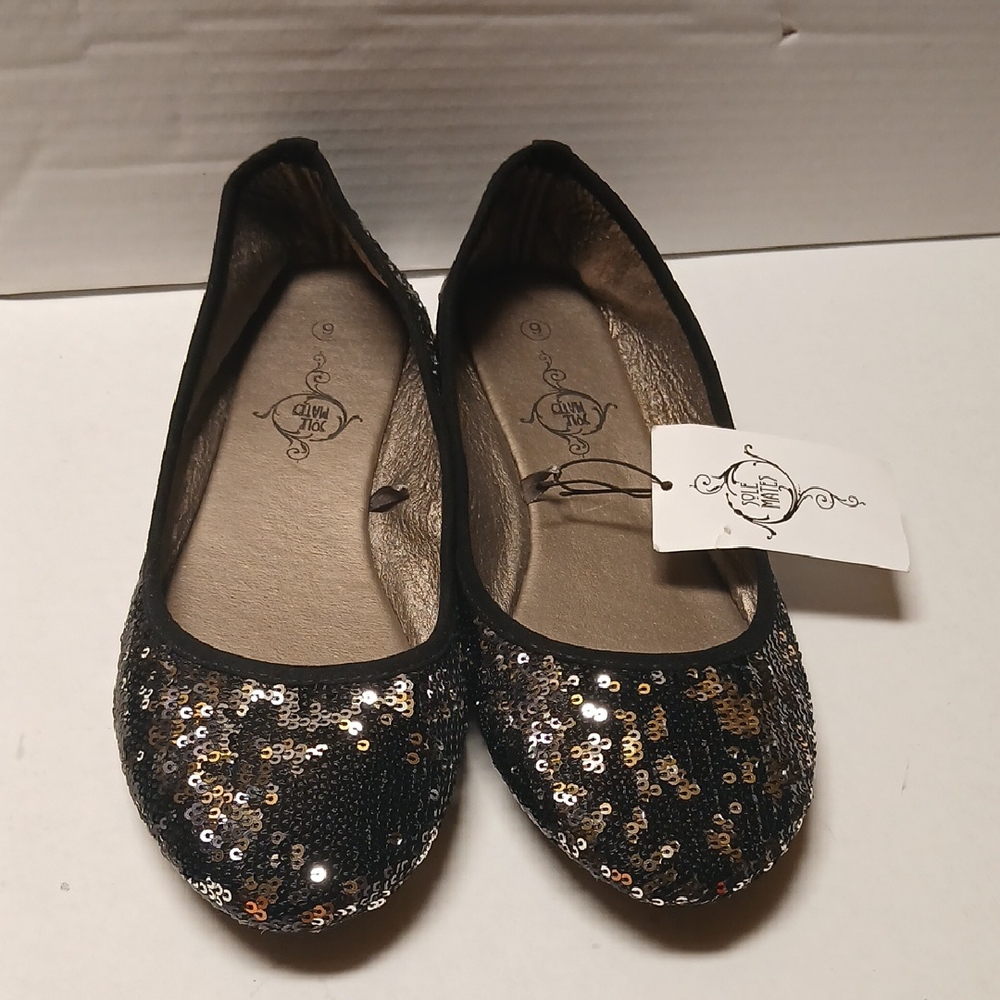 Sole Mates Women Elegant Sequin Black Gold Flats Size 9 NWT